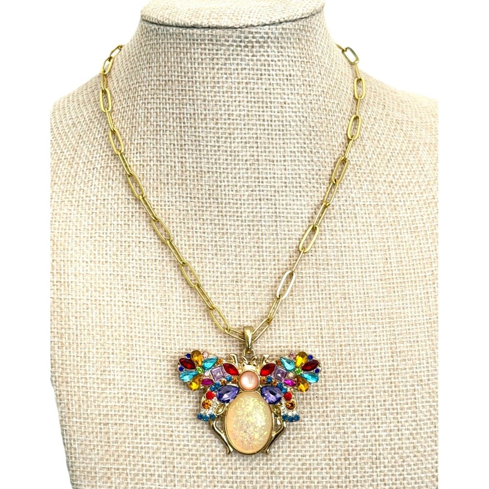 Gold Tone Colorful Rhinestone Insect Bee Beetle Pendant Paperclip Chain Necklace